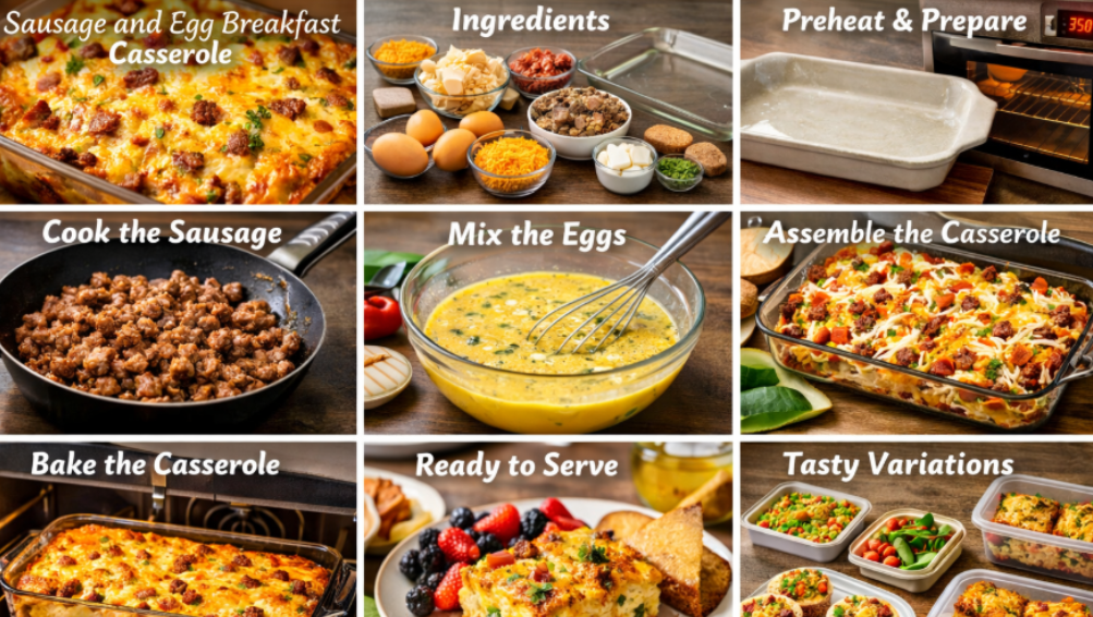 Fresh ingredients for Sausage and Egg Breakfast Casserole including eggs, cheese, bread, and sausage