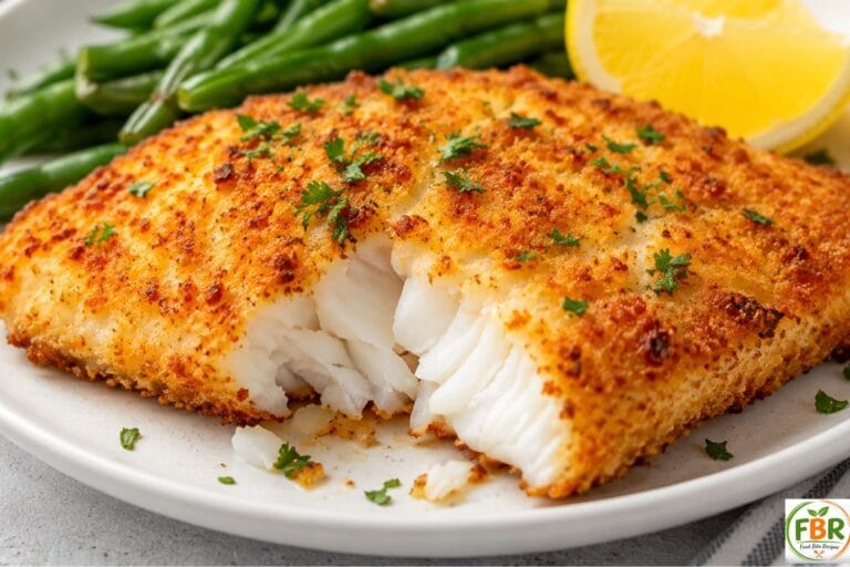Crispy air-fried cod fillets served with green beans and fresh lemon wedges