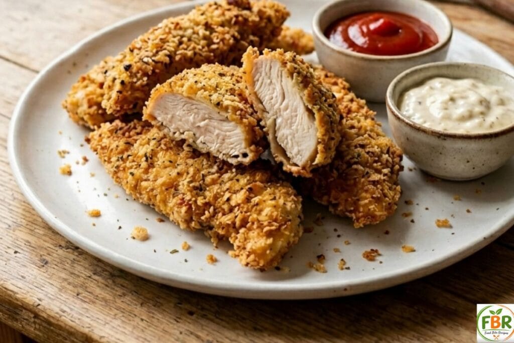 Crispy homemade air fryer chicken strips served on a white plate