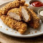 Crispy homemade air fryer chicken strips served on a white plate