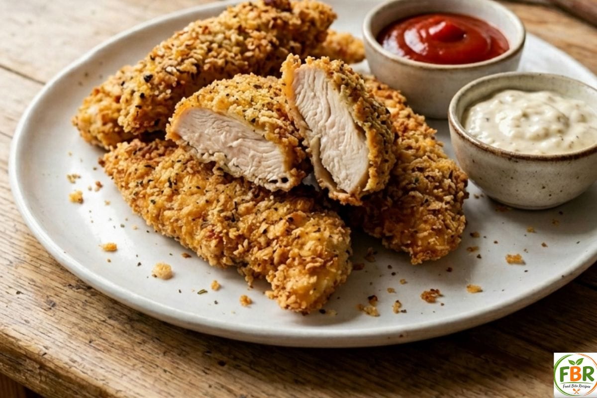 Crispy homemade air fryer chicken strips served on a white plate
