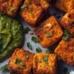 A high-protein vegetarian snack featuring grilled paneer cubes and spicy green dip on a rustic plate.