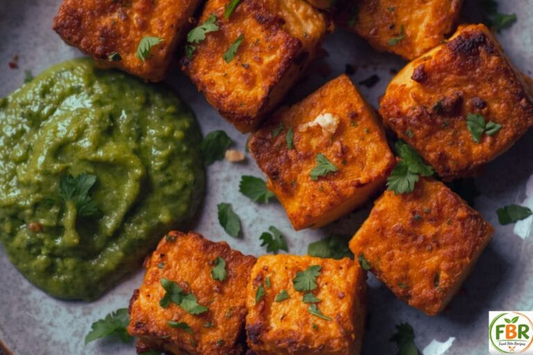 A high-protein vegetarian snack featuring grilled paneer cubes and spicy green dip on a rustic plate.