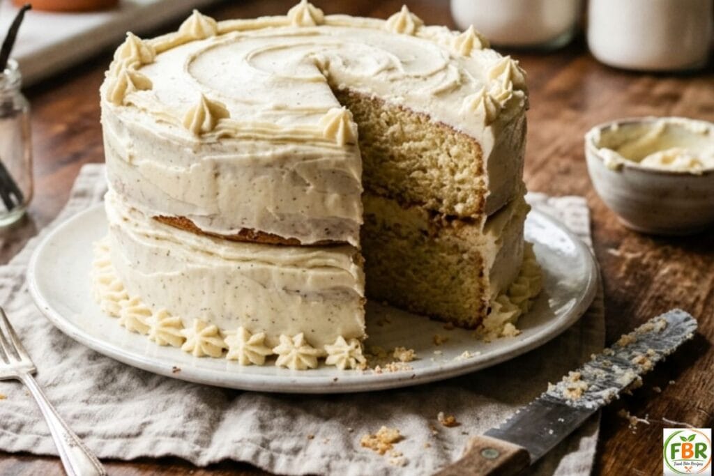 soft fluffy homemade vanilla cake with buttercream frosting