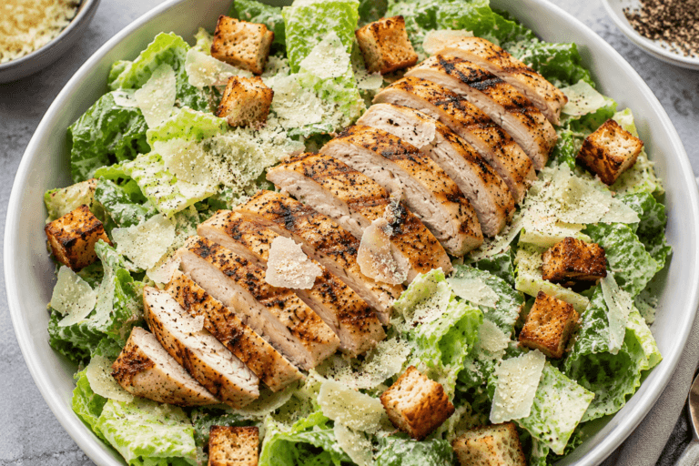 Ultimate Caesar Salad with Grilled Chicken served with crisp romaine lettuce, juicy grilled chicken, crunchy croutons, Parmesan cheese, and creamy Caesar dressing.