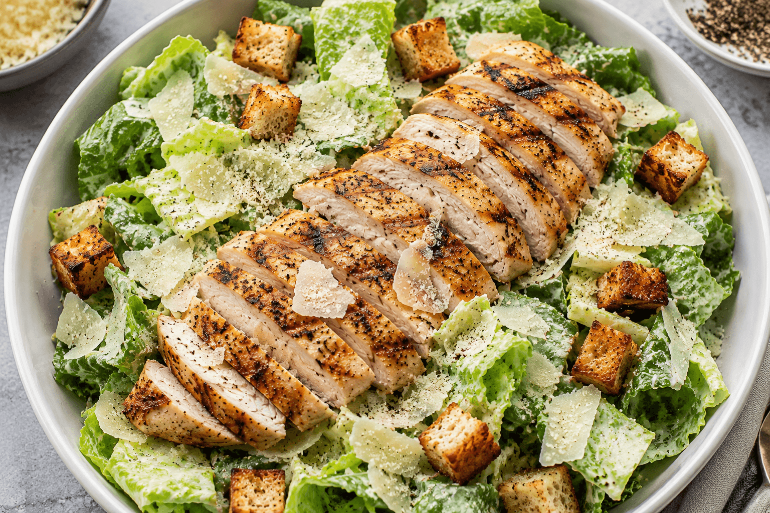 Ultimate Caesar Salad with Grilled Chicken served with crisp romaine lettuce, juicy grilled chicken, crunchy croutons, Parmesan cheese, and creamy Caesar dressing.