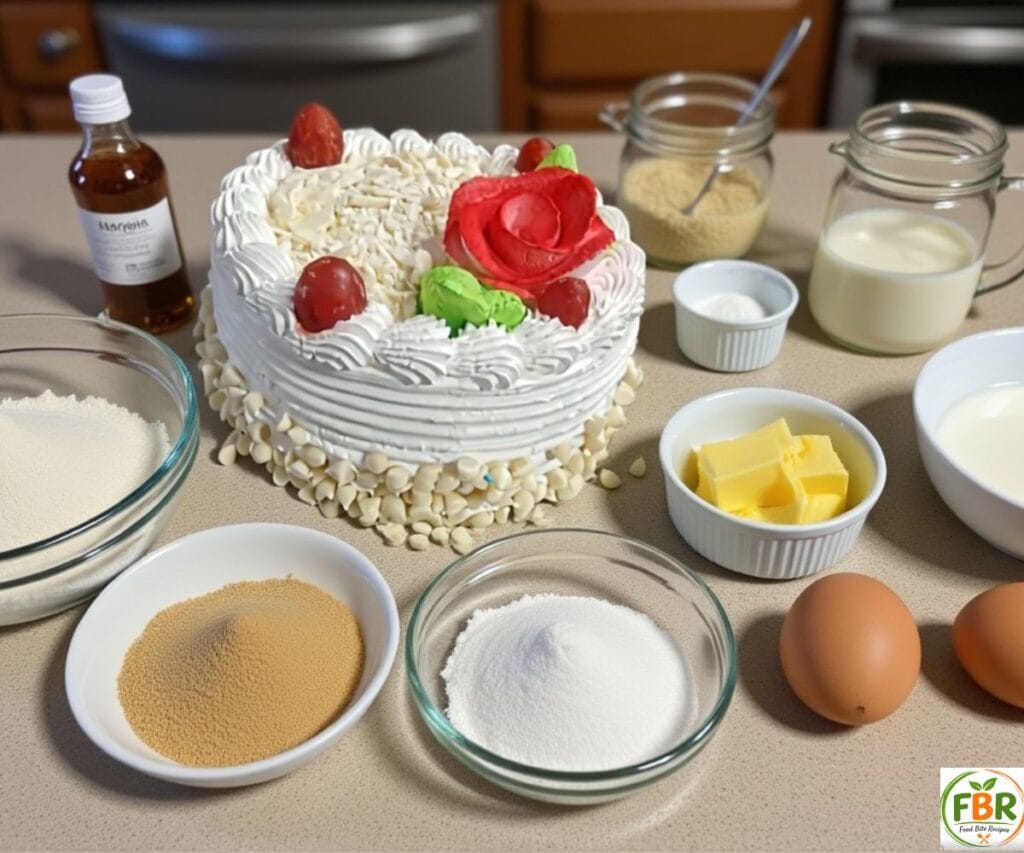 ingredients for homemade vanilla cake including flour eggs butter milk and vanilla extract