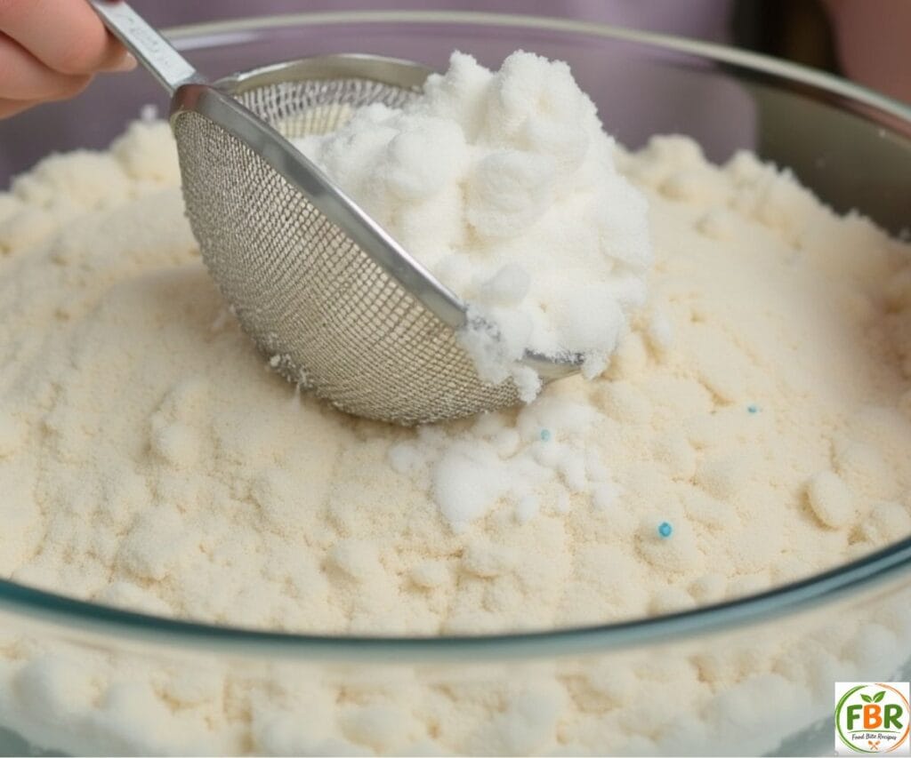 sifting dry ingredients for soft fluffy vanilla cake batter in a glass bowl