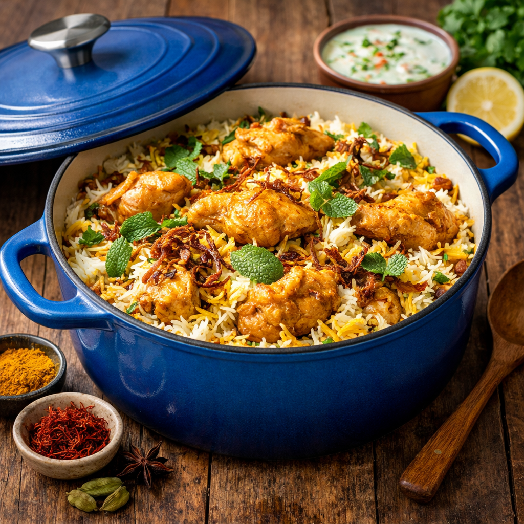 Blue enameled Dutch oven with homemade chicken biryani, fluffy basmati rice, golden fried onions, saffron, and fresh mint, ready to serve