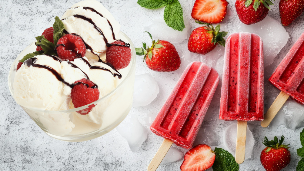 Homemade vanilla ice cream without a machine served with fresh berries