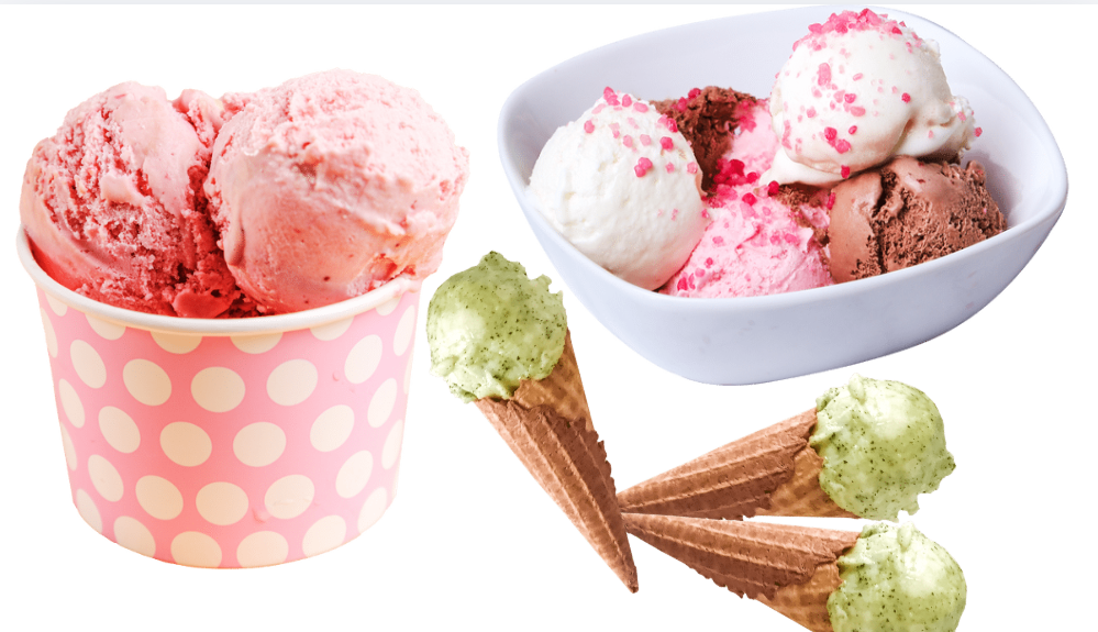 Homemade ice cream scoops served in cups and cones without a machine