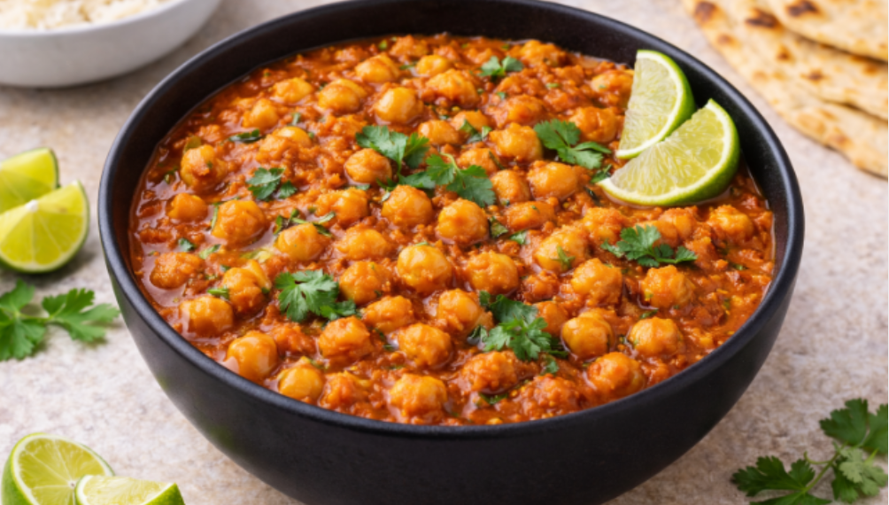 Authentic Indian chana masala curry in a black bowl with rich tomato gravy