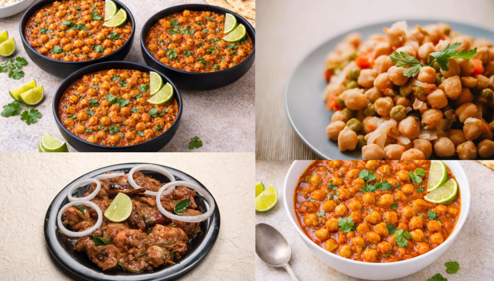 Easy chana masala recipe served in three black bowls with fresh coriander and lemon wedges