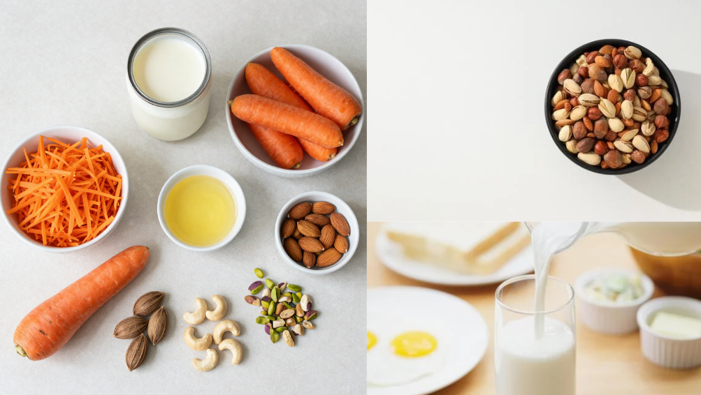 Ingredients for carrot halva with condensed milk including grated carrots, ghee, nuts and cardamom