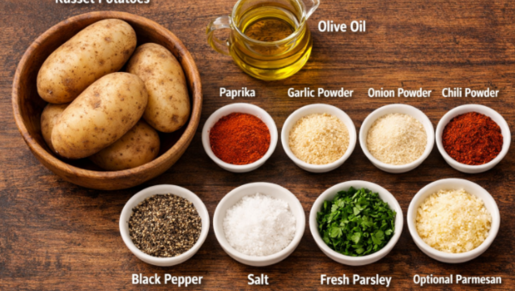 Air fryer potato wedges ingredients including potatoes, olive oil and spices
