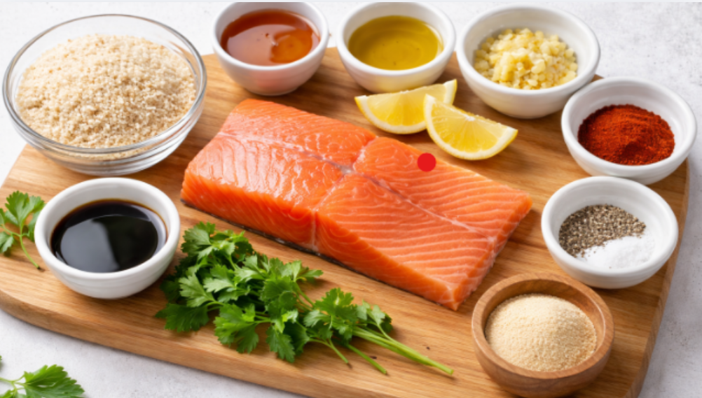 Ingredients for air fryer salmon bites including fresh salmon fillet, olive oil, garlic, lemon, spices, breadcrumbs, and herbs arranged on a wooden board.”