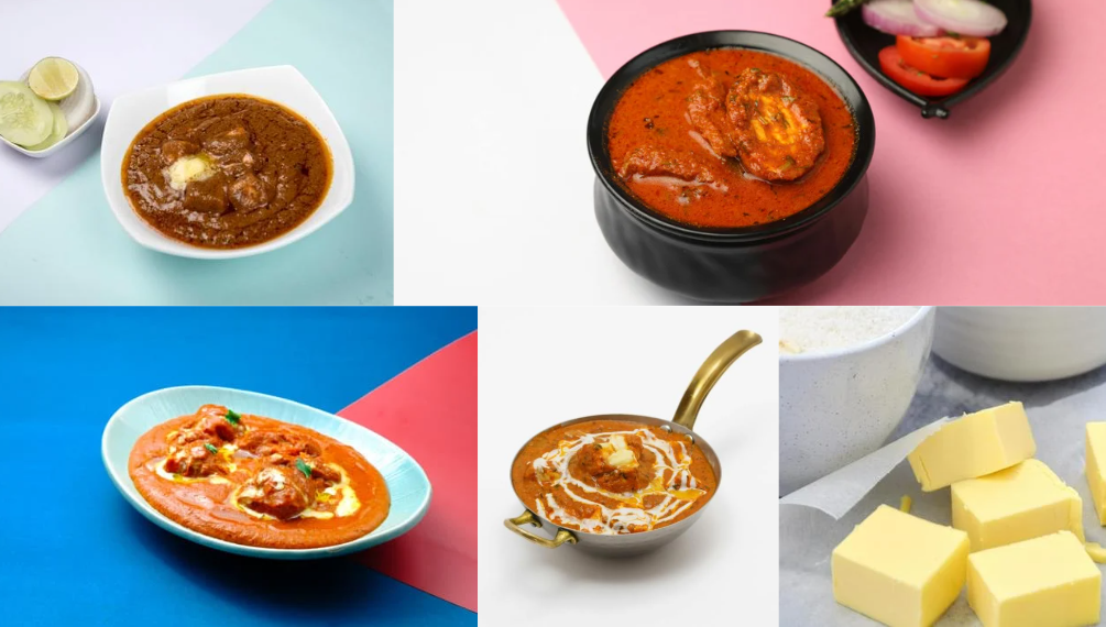 Creamy Butter Chicken Curry served in a bowl, garnished with fresh coriander, accompanied by naan and basmati rice