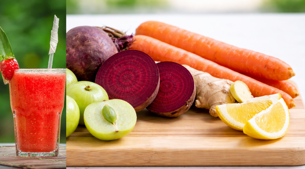 Amla beetroot carrot juice ingredients with fresh amla, beetroot, carrots, ginger and lemon”