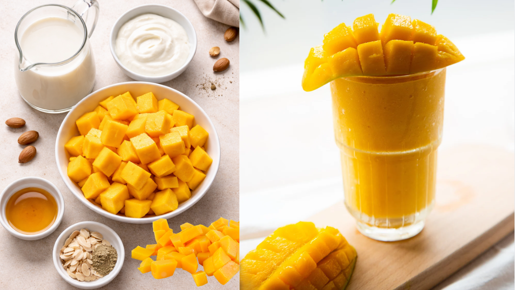 Ingredients for healthy mango lassi with almond milk