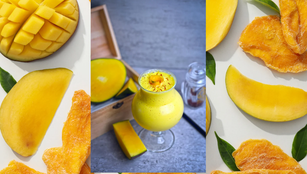 Healthy mango lassi with almond milk served in a glass