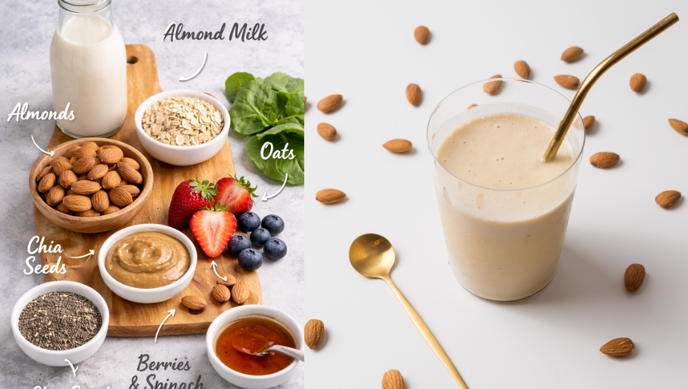 Ingredients and almond milk smoothie without banana made with almonds, oats, and chia seeds