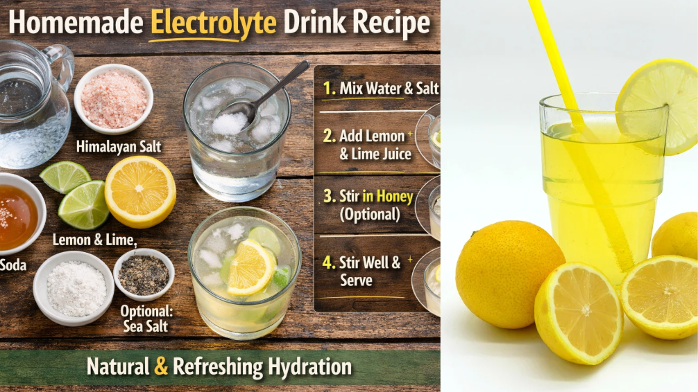 Ingredients for homemade electrolyte drink recipe including lemon, water, natural salt, and honey