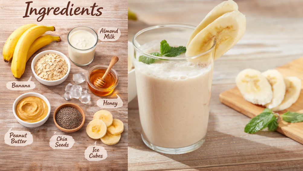 Fresh ingredients used to make a creamy banana smoothie without milk, shown with bananas, almond milk, oats, peanut butter, honey, chia seeds, and ice.
