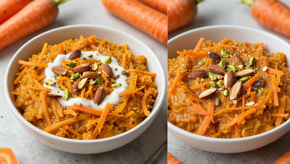 Carrot halva with condensed milk served in a bowl, garnished with almonds and pistachios