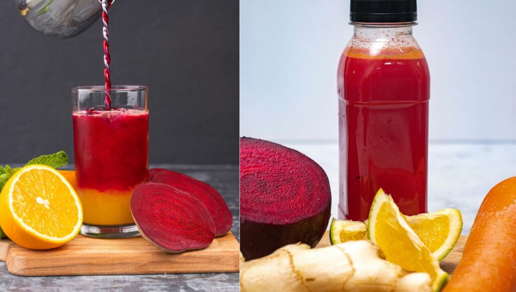Amla beetroot carrot juice served in glass and bottle with fresh vegetables on table