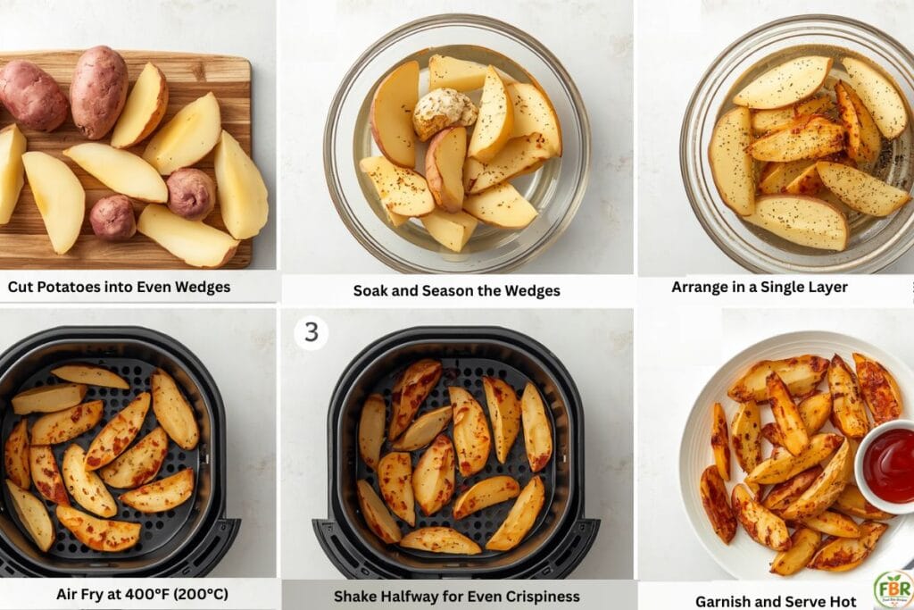 Air Fryer Potato Wedges Recipe step-by-step collage showing how to cut, season, air fry, and serve crispy potato wedges
