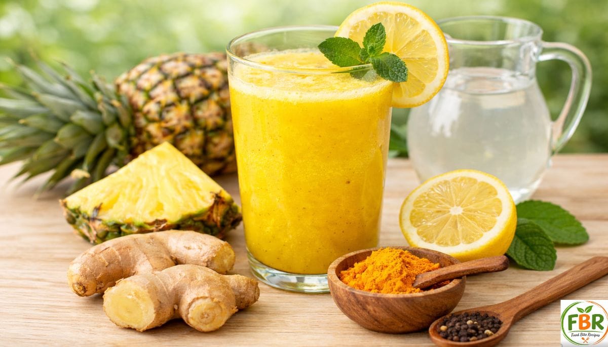 Fresh pineapple ginger juice with turmeric and lemon in a glass