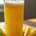 Fresh homemade pineapple juice in a glass with pineapple slices