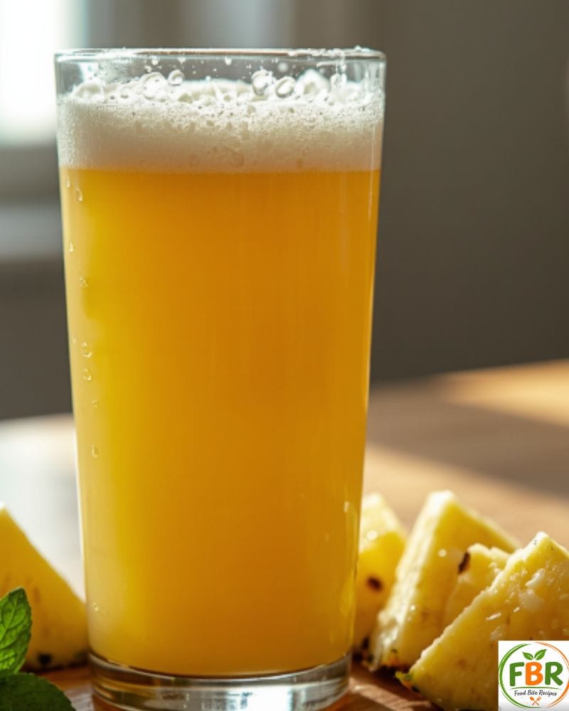 Fresh homemade pineapple juice in a glass with pineapple slices