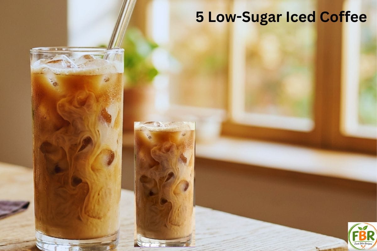 Glass of low sugar iced coffee with milk and ice cubes on a wooden table