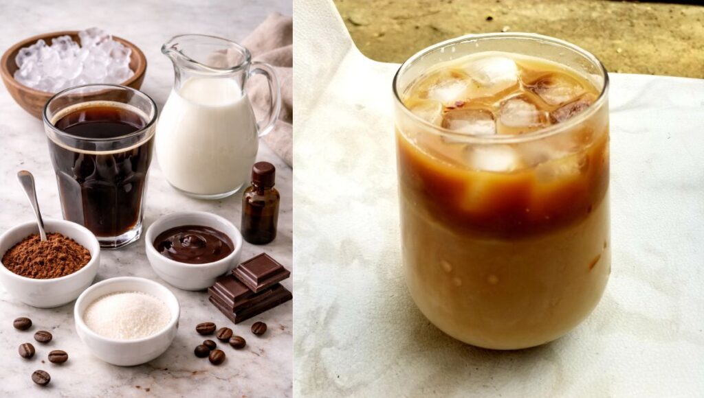 Main ingredients for a homemade Mocha Iced Coffee Recipe including brewed coffee, milk, cocoa powder, and ice cubes.
