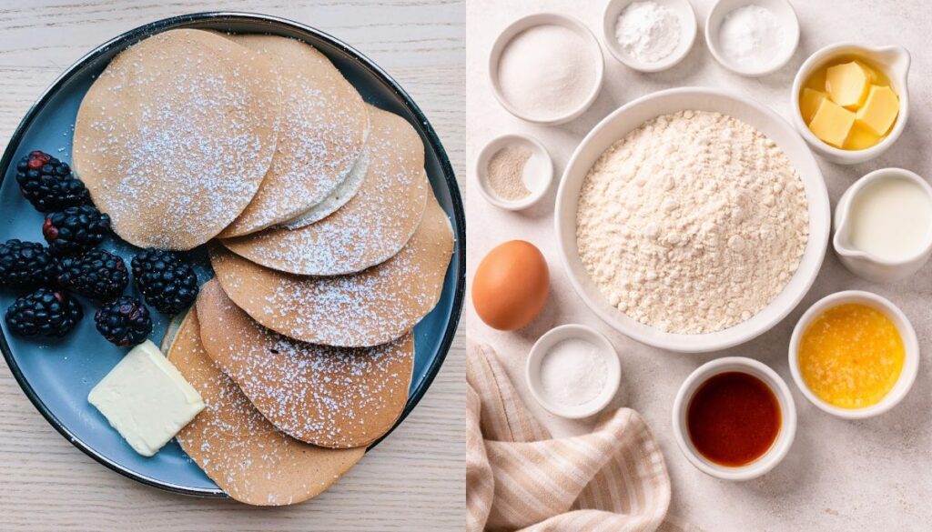 Pancake ingredients like flour, eggs, and butter alongside a stack of fluffy pancakes with berries