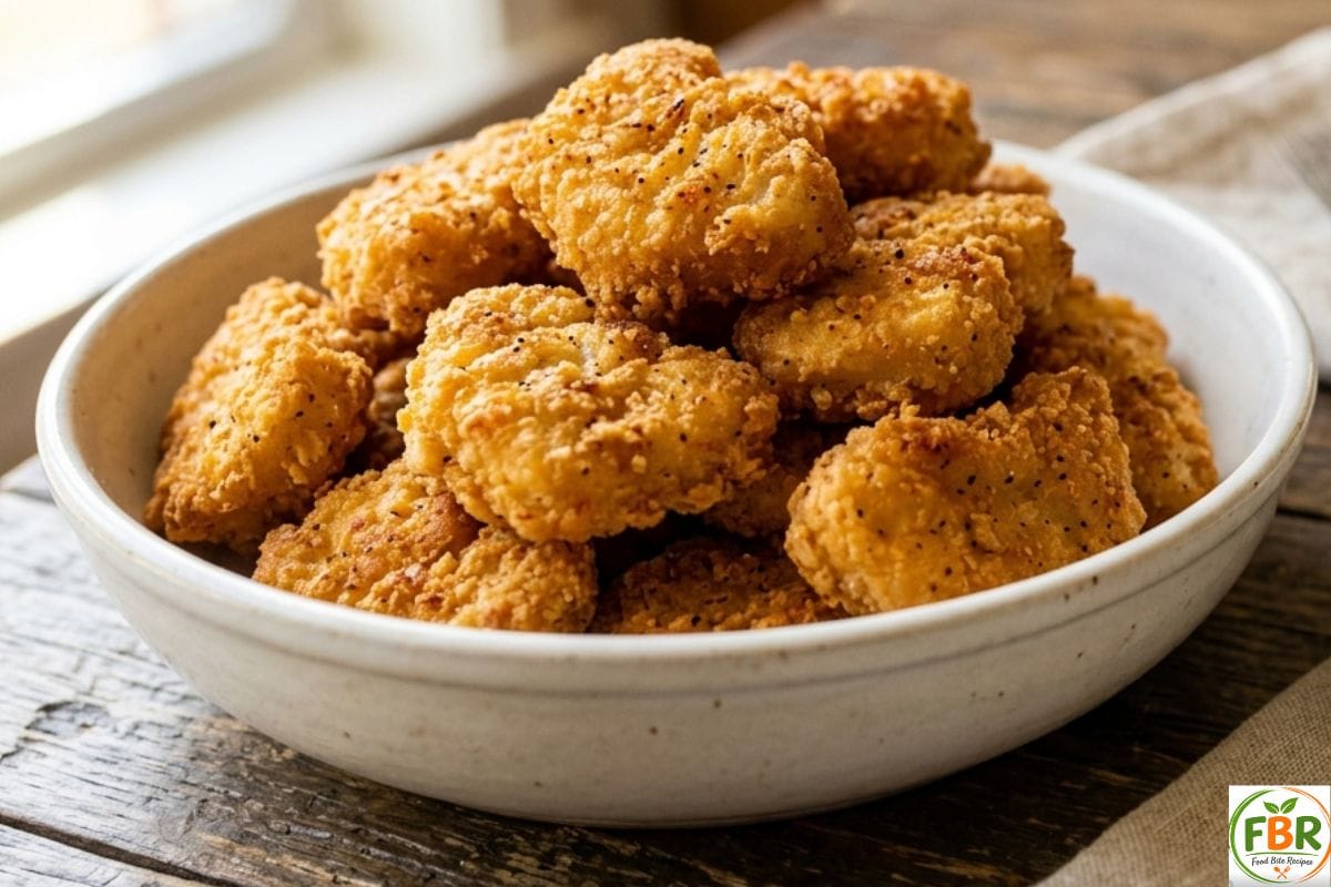 crispy homemade air fryer chicken nuggets in a white bowl