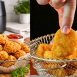 crispy homemade air fryer chicken nuggets in basket with dipping sauce