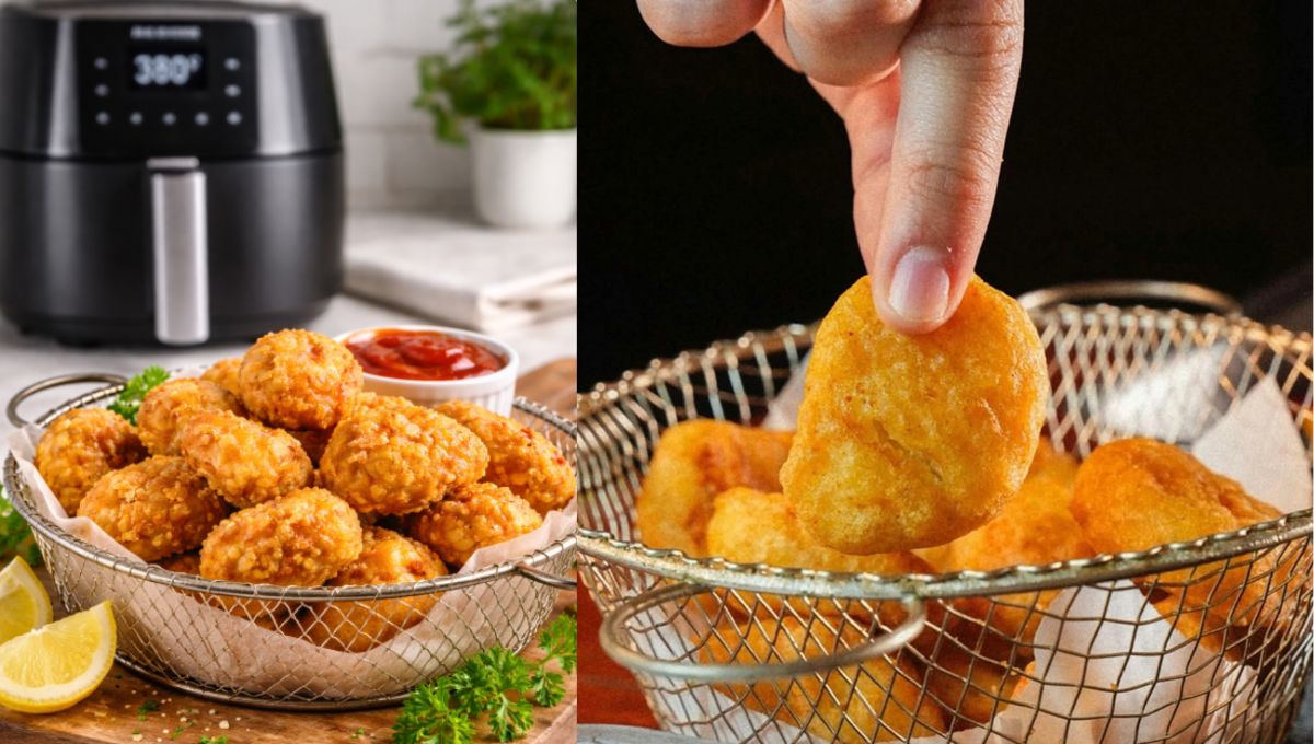 crispy homemade air fryer chicken nuggets in basket with dipping sauce