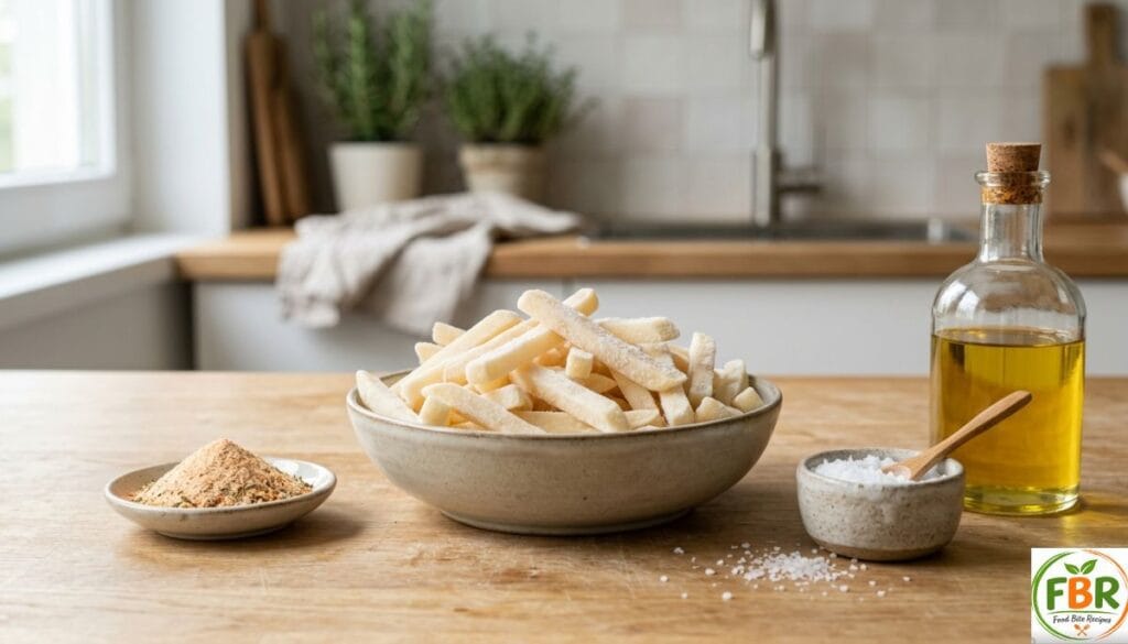 Frozen french fries, olive oil, salt, and spices on a kitchen table