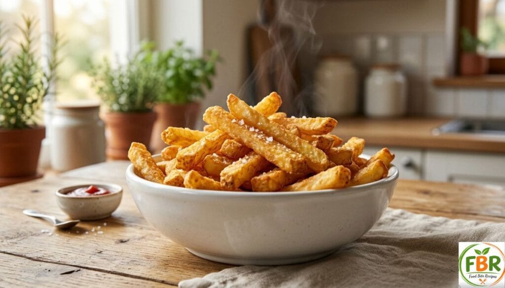 Crispy golden brown air fryer frozen french fries in a white bowl