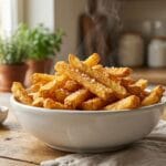 Crispy golden brown air fryer frozen french fries in a white bowl