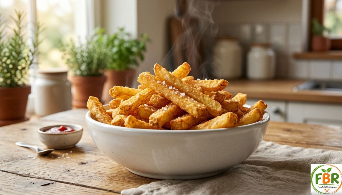 Crispy golden brown air fryer frozen french fries in a white bowl