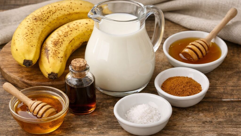 Healthy banana milk recipe ingredients with fresh bananas, milk, honey, and cinnamon