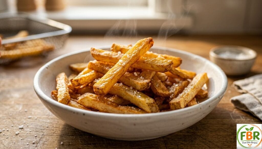 Hot and crispy golden air fryer french fries served in a bowl with sea salt