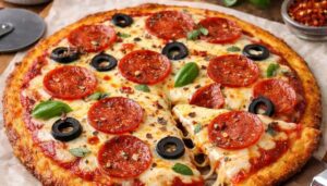 Keto Pizza with crispy low-carb fathead dough crust topped with cheese and pepperoni