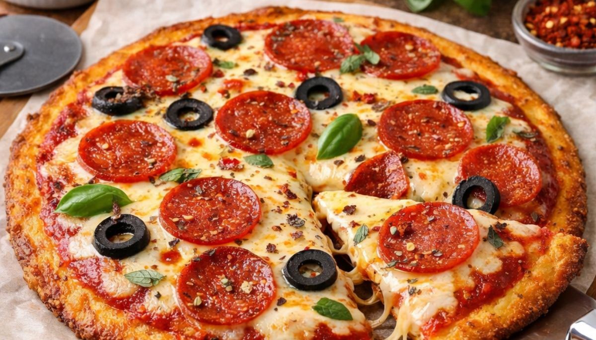 Keto Pizza with crispy low-carb fathead dough crust topped with cheese and pepperoni