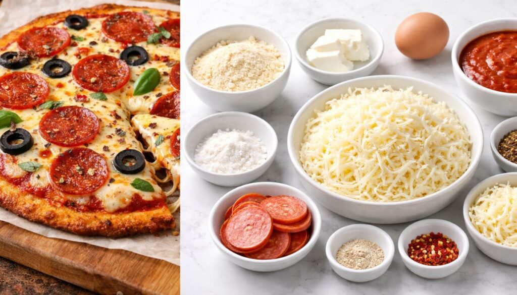 Ingredients for keto pizza on a wooden board including mozzarella, almond flour, eggs, cream cheese, pepperoni, and fresh basil.