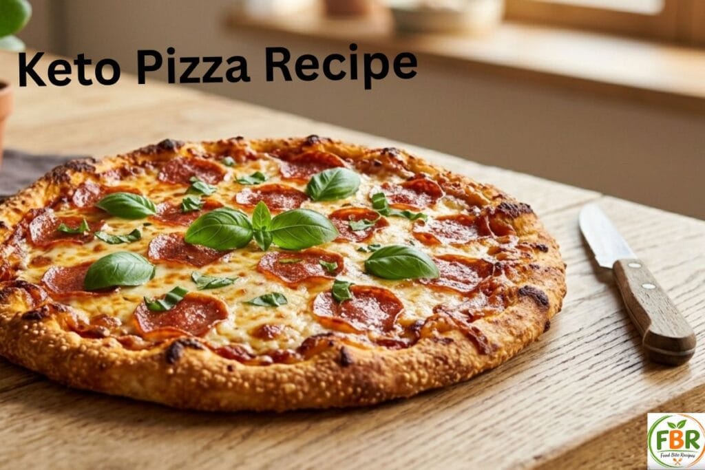 Homemade keto pizza with crispy low carb fathead dough crust, mozzarella cheese, pepperoni, and fresh basil