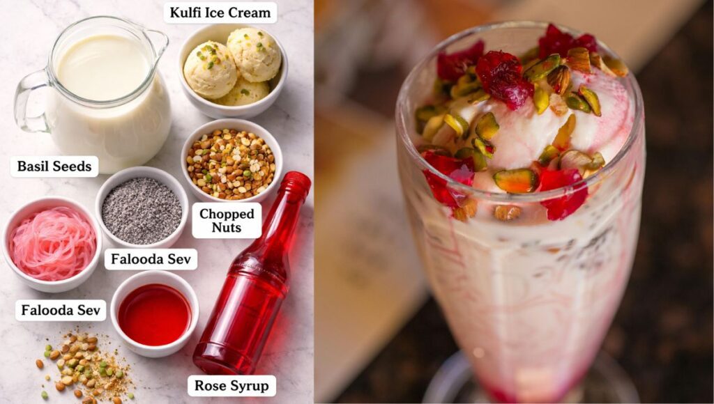 Kulfi falooda ingredients including milk, basil seeds, falooda sev, rose syrup, kulfi ice cream and chopped nuts
